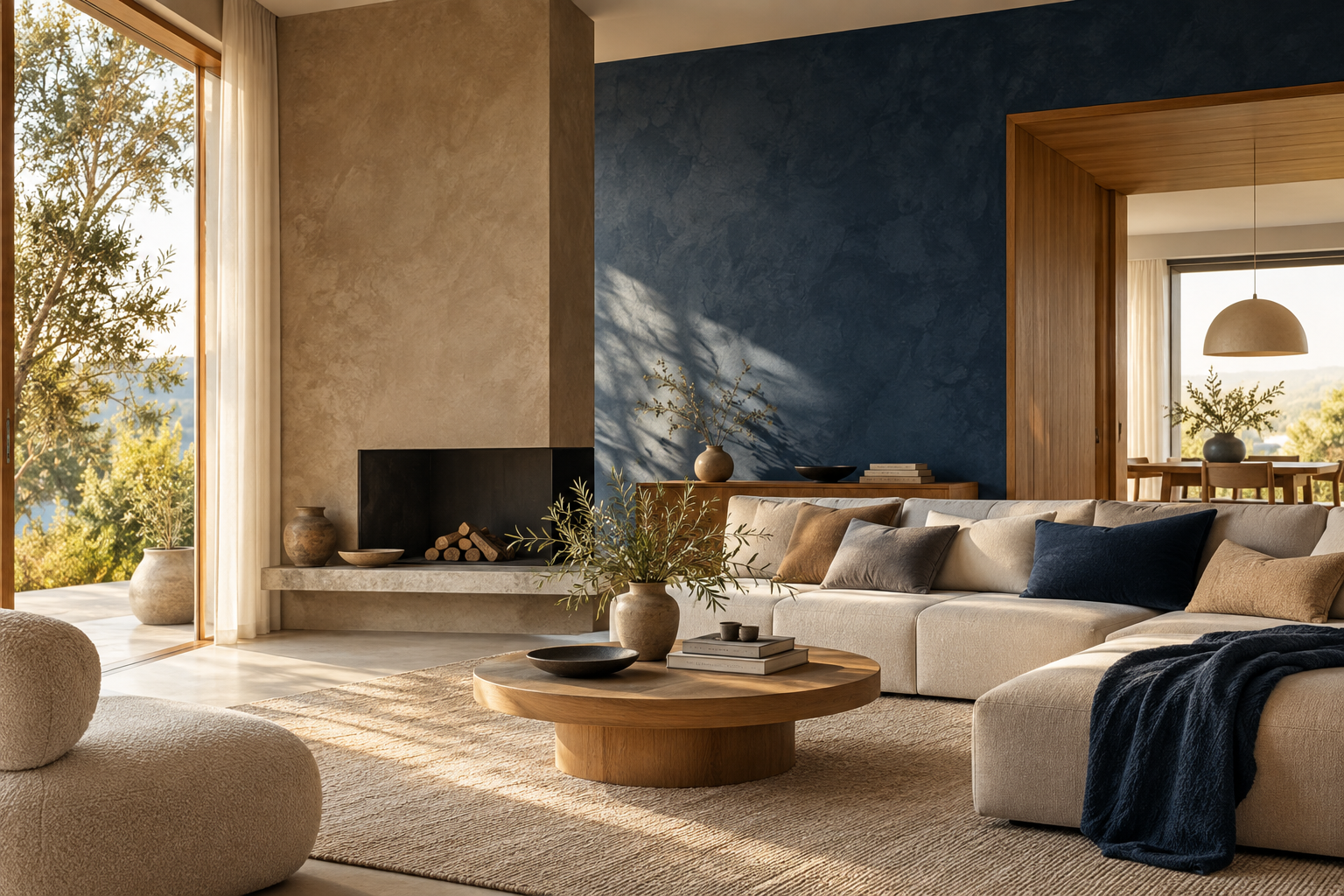 Wohnraum mit blauer Akzentwand und warmen natürlichen Materialien