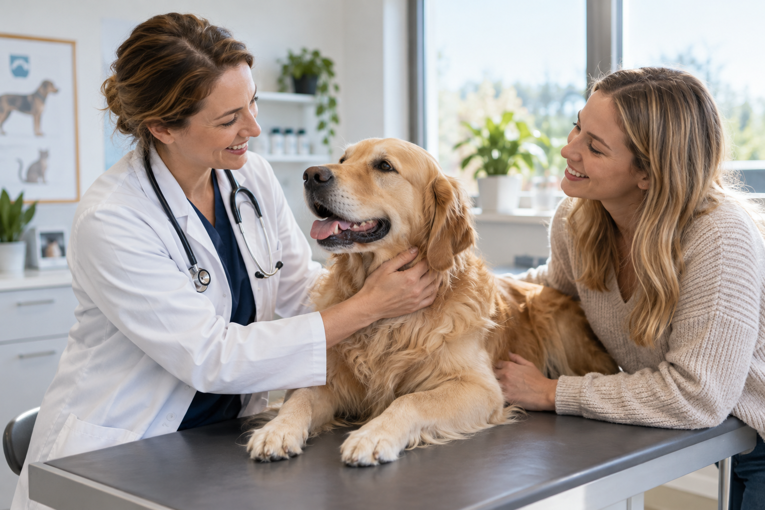 Tierärztin begegnet einem Hund auf Augenhöhe